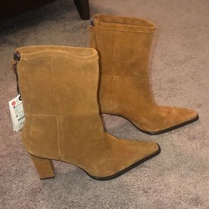 ZARA WOMAN SPLIT SUEDE REAL LEATHER MID-HEEL ANKLE BOOTS BROWN